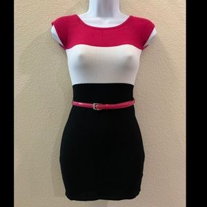 Bebe- color block black, pink, white sweater dress